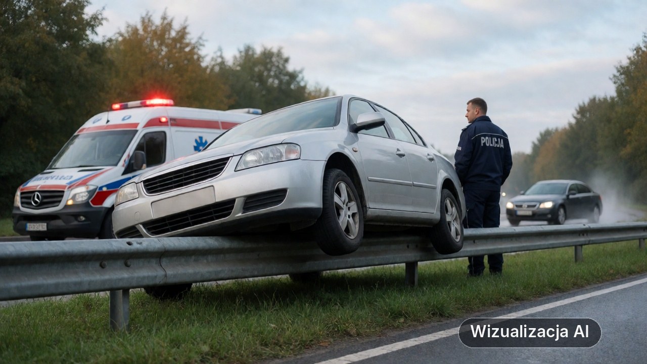 Niefortunny manewr przy dworcu. Auto uderzyło w bariery ochronne (wizualizacja AI)
